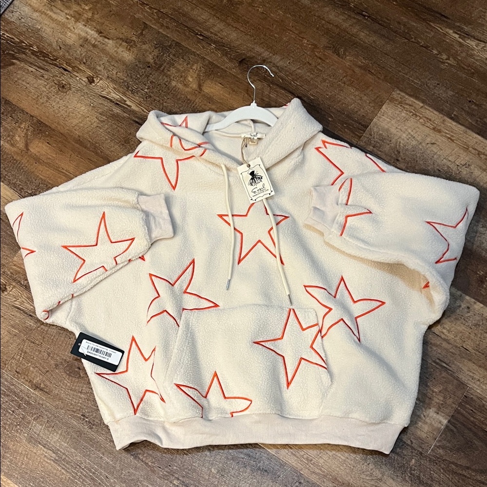 Easel Hoodie Sweatshirt/Pullover Ivory with Orange Stars - Sz S will fit M